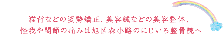 猫背などの姿勢矯正、美容鍼などの美容整体、怪我や関節の痛みは旭区森小路のにじいろ整骨院へ